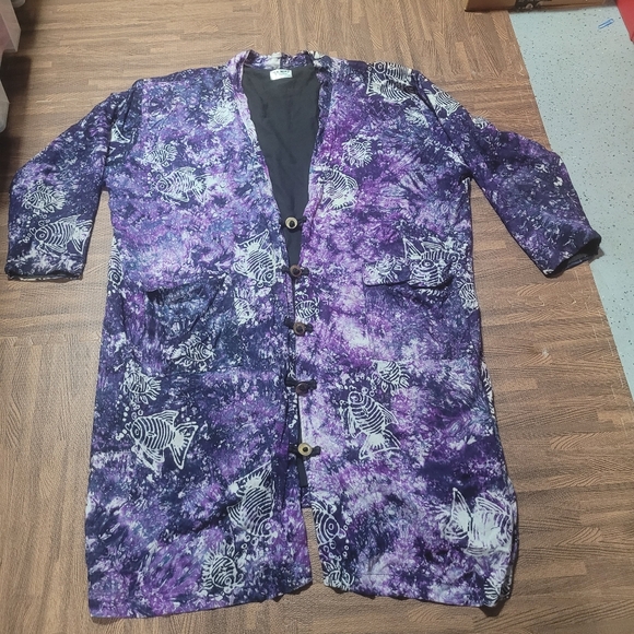 Ok Mike Women FIsh Print Pattern Longsleeves Long Rayon coat Cardigan - Picture 2 of 13